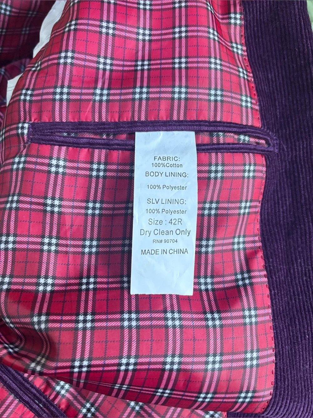 Alan Flusser 42R Purple Corduroy Blazer Sport Coat Red Plaid Lining